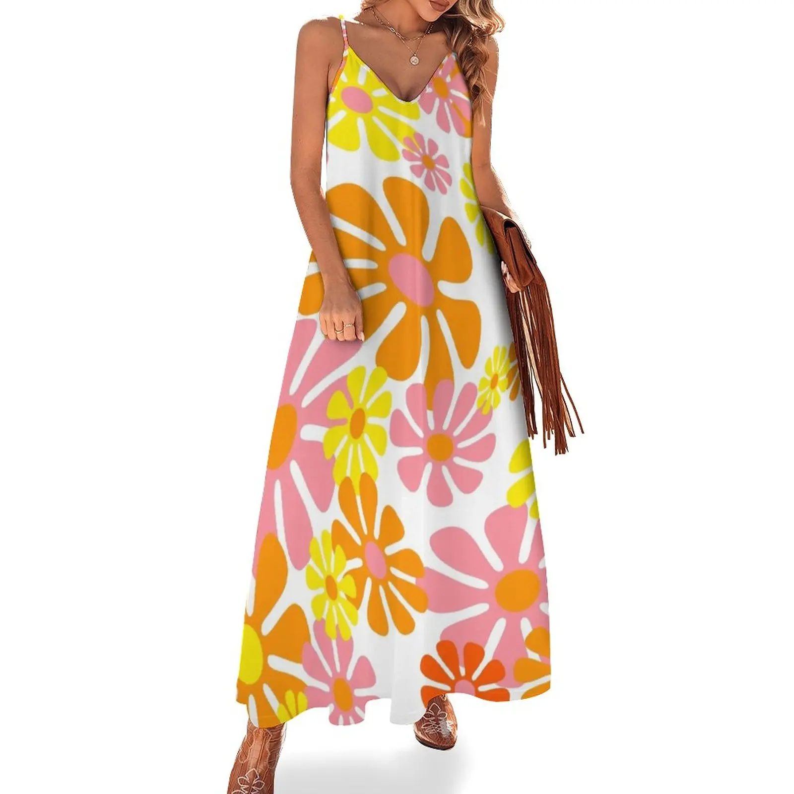 

60's Retro Liquid Flowers in Orange, Yellow and Pink Sleeveless Dress Women's evening dress dresses for woman