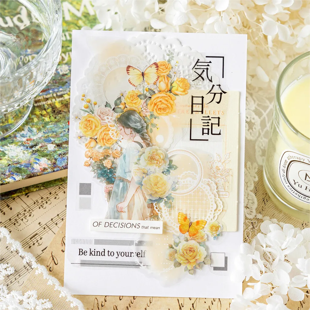 Flower Stickers Lace Border Sticker PET Decorative Stickers Diary Scrapbooking Material Deco Album Stationery Sticker 15pcs Stickers Scrapbooking Supplies
