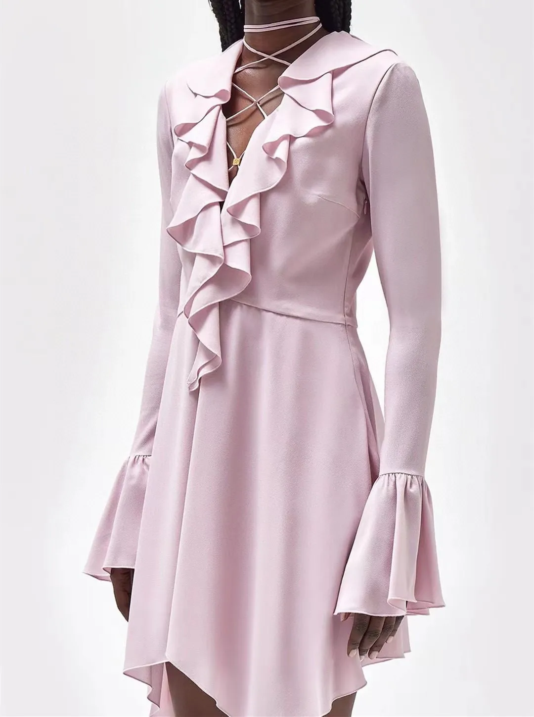

2023 New Women's V-neck Ruffles Lace-up Long-sleeved Flare Sleeve Mini Dress