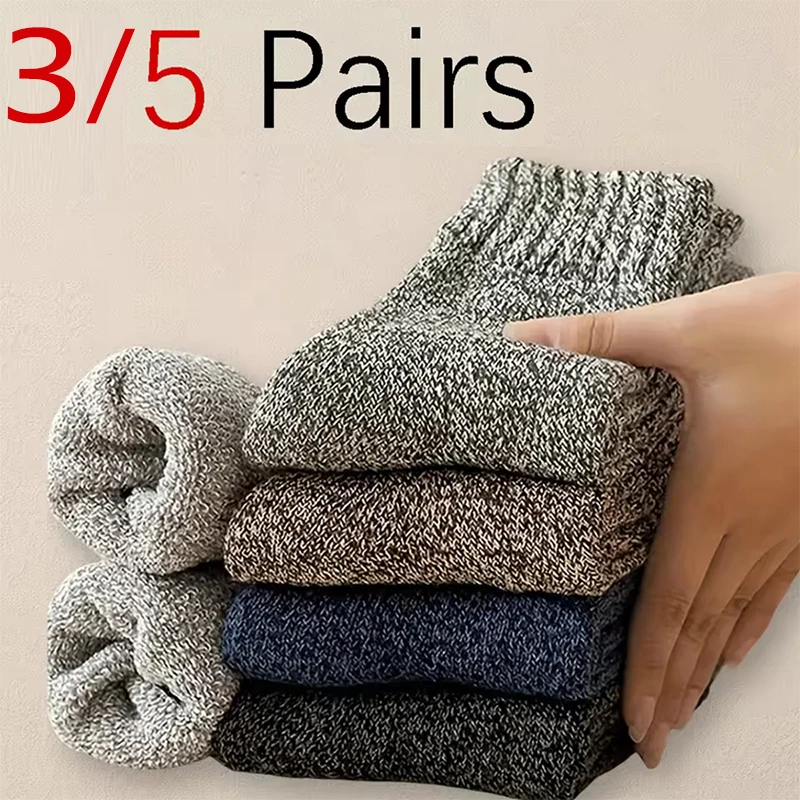 3/5 Pairs Winter Socks Thick Warm Harajuku Retro Snow Casual Antifreeze Cashmere Socks Men Size 38-43