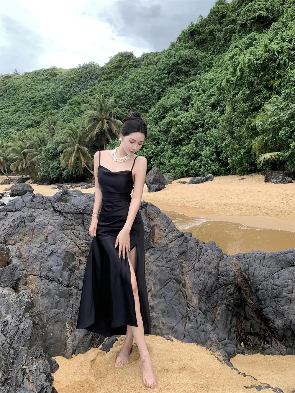 Sexy Satin Black Dress Women Spaghetti Strap New Summer High Split Backless Beach Slim Mermaid Evening Party Dresses Prom Robe