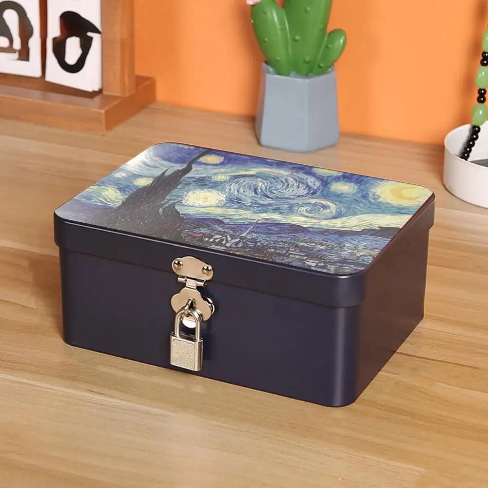 

1 Set Tin Box with Lock Key Convenient Desktop Storage Box Vintage Style Cosmetic Jewelry Desktop Storage Box for Home Organizer
