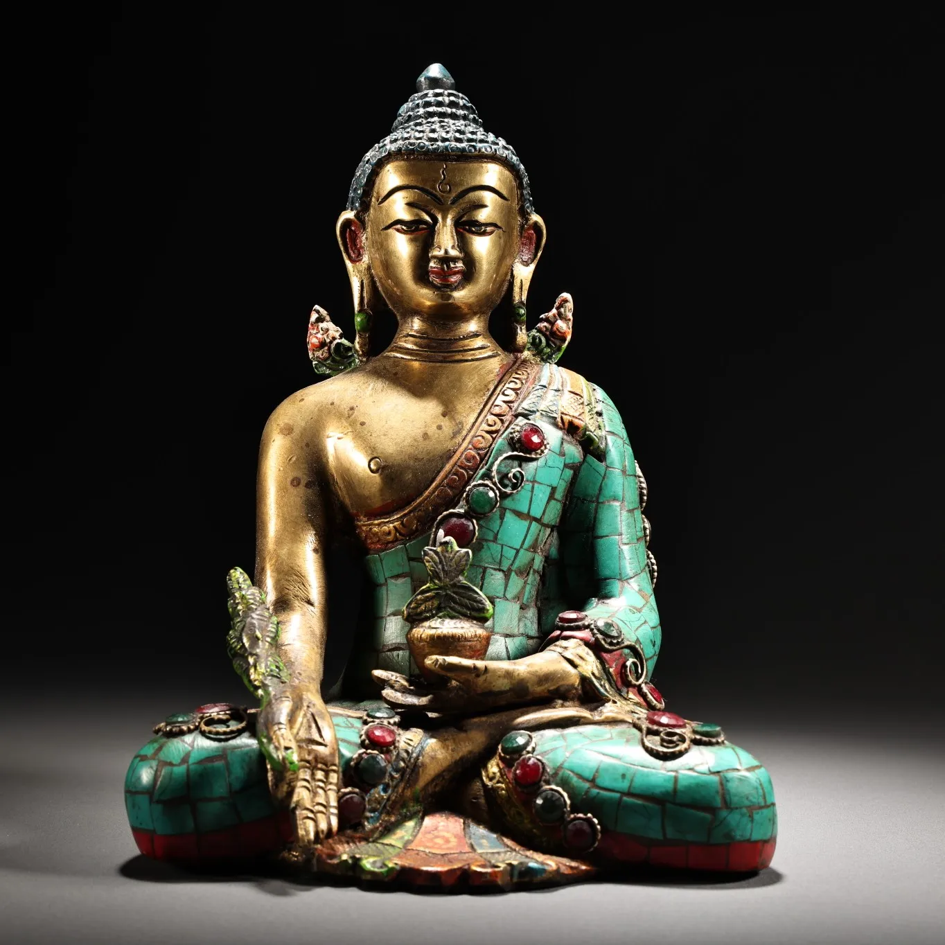 

8"Tibetan Temple Collection Old Bronze Outline in gold painted mosaic Gem Medicine Buddha Amitabha worship buddha Town house
