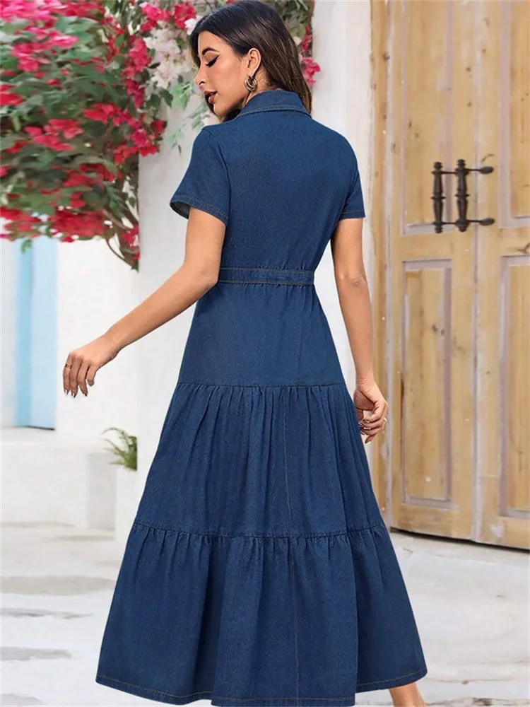 Wmstar Denim Dress Women Casual Button Bodycon Pockets Lapel Long Dresses Fashion Streetwear Wholesale Dropshipping New Style