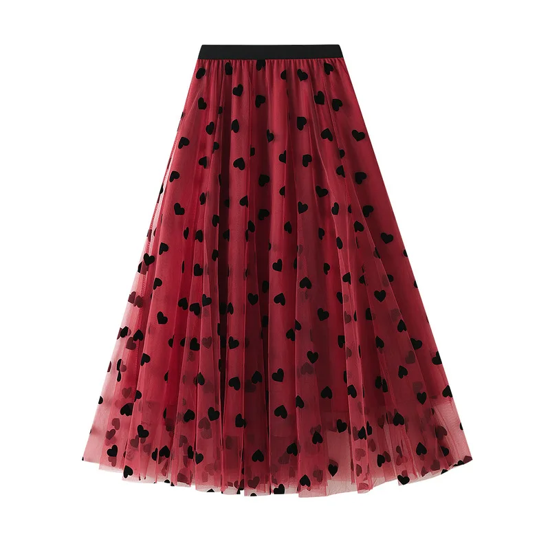 

VANOVICH Winter New French Style Retro High Waist Love Print Long Gauze Skirt Fashion Temperament A-line Loose Ball Gown Skirt