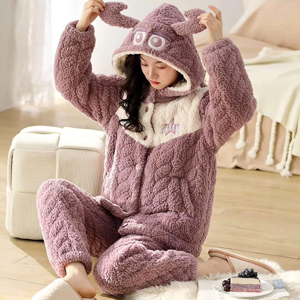 3-Layer Super Thicken Flannel Winter Sleepwear for Sleeping Sweet Lovely Solid Pajama Sets Warm Soft Comfort Pyjama pijama mujer