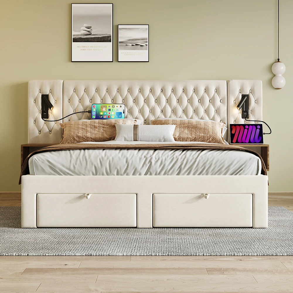 KOMHTOM Upholstered bed with 2 bedside tables and 4 drawers, headboard reading light with USB charging function, velvet (Without mattress)