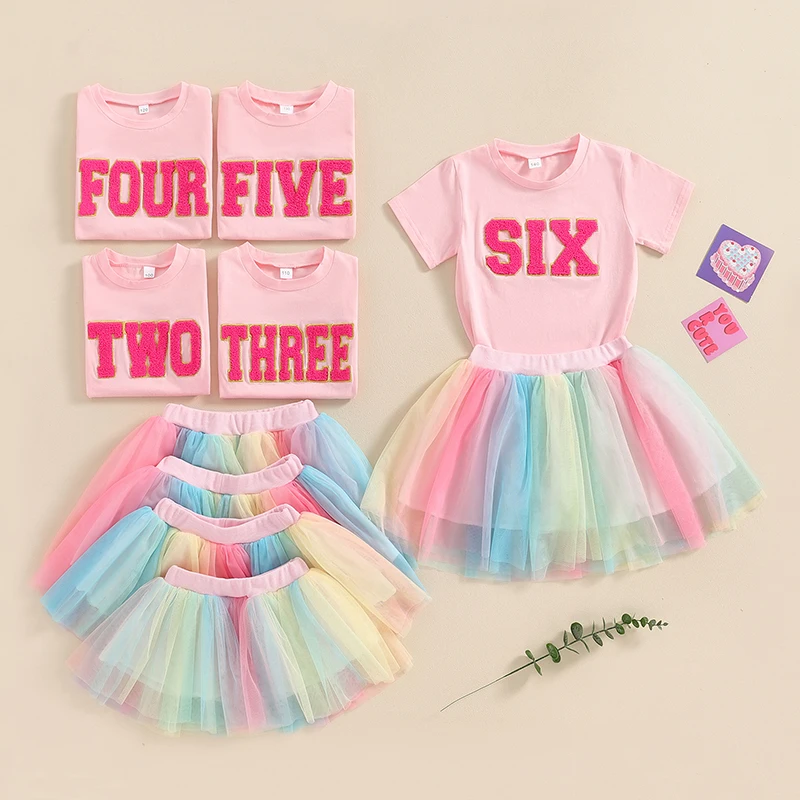 FOCUSNORM 2-7Y Sommer Kinder Mädchen Geburtstag Kleidung Sets Kurzarm Brief Stickerei T Shirts + Regenbogen Spitze Tutu Röcke – Detail 5