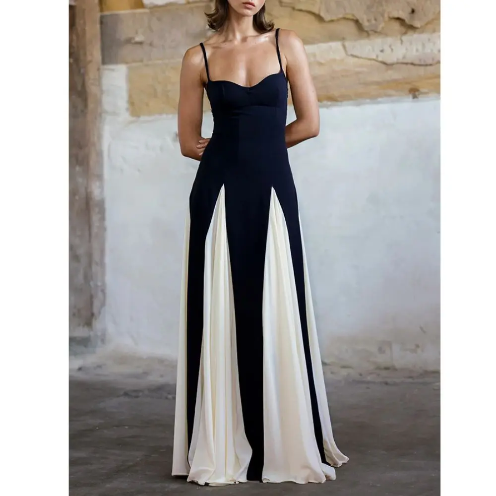 

Black-white Colorblock Swing Maxi Dress Sexy Backless Camisole Dresses Evening Party Women Elegant Swimsuit Summer Seaside Skirt