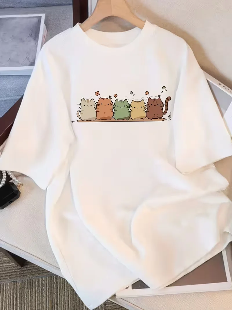 Cartoon Cat Star Print Loose Fit Womens Top Oversized Casual Shirt Daily Wear Plus Size Easy Wear Fashion Tops 1
