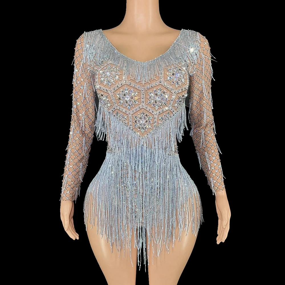 

Sparkly Rhinestones Tassels Long Sleeve Bodysuit for Women Sexy Performance Dance Costume Nightclub Singer Dancer Stage Wear