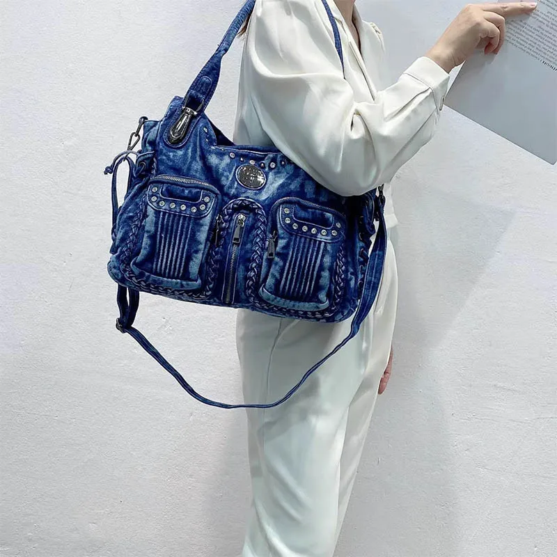 Denim Jean Large Capacity Multiple Pockets With Diamond Crossbody Messenger Bag Handbags Letter Shoulder Shopper Tote Lady Purse