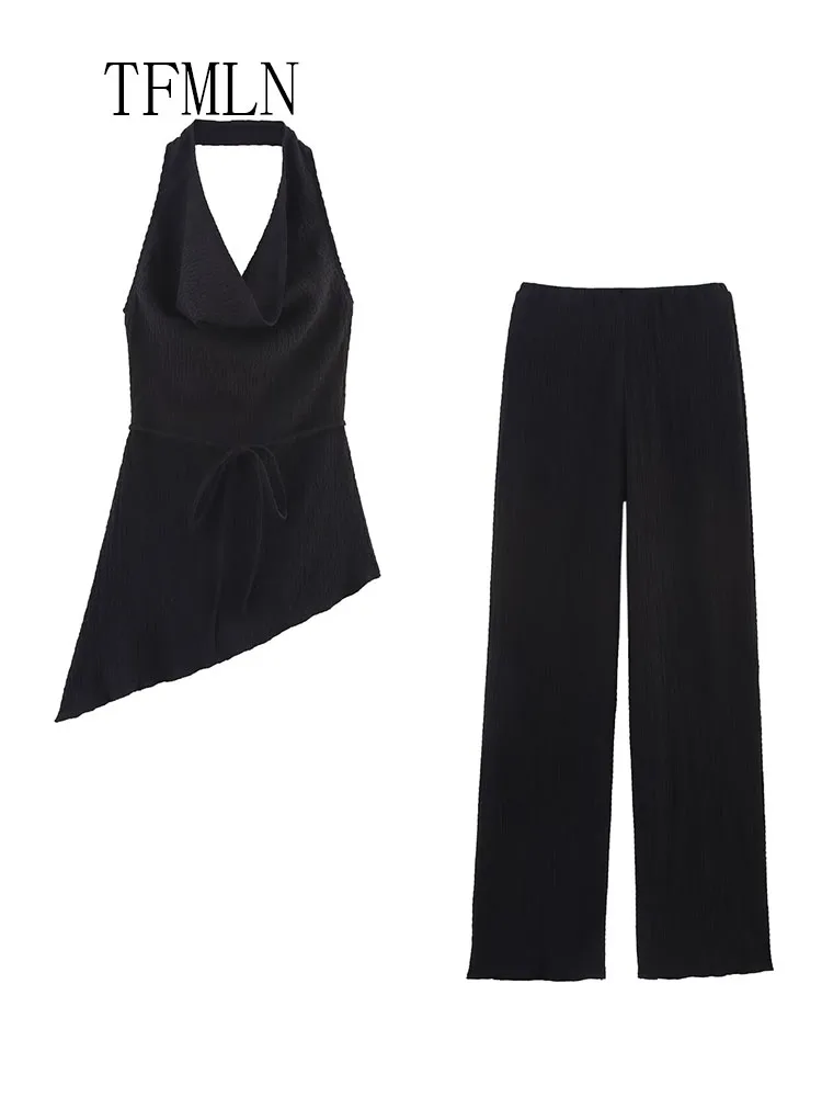 TFMLN 2025 Women Causal Halter Top Pant Sets Summer Fashion Asymmetrical Backless Camis Top Elastic Waist Straight Pant Outfits