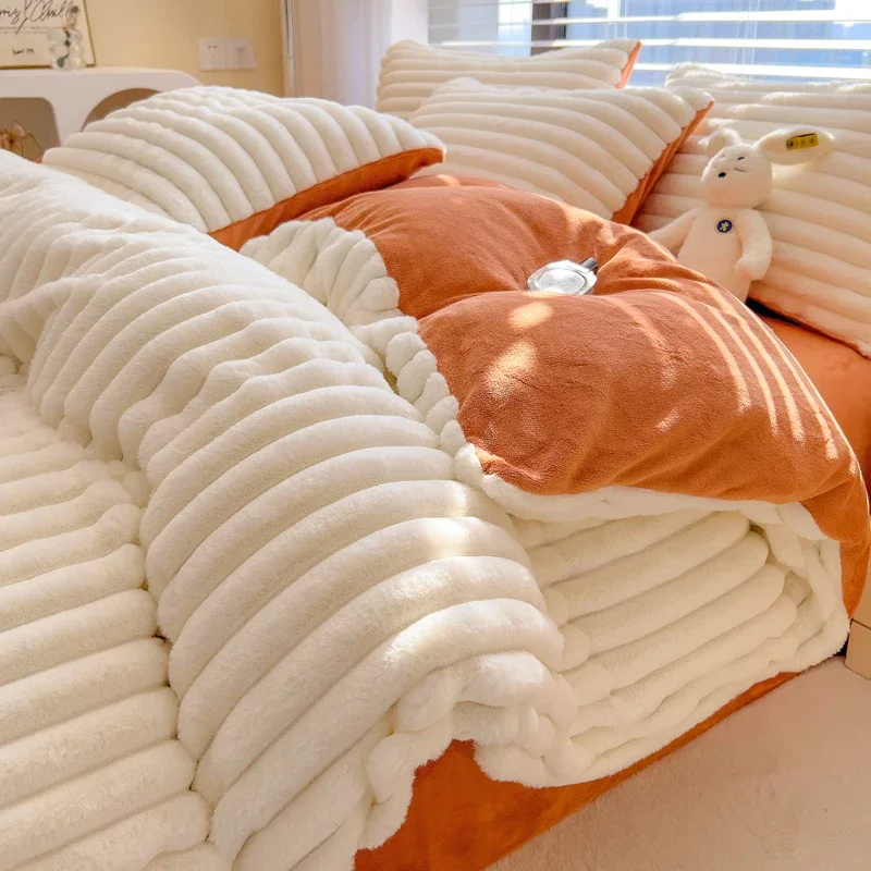 

Promotion Winter Thickened Bedding Set Luxury Milk Fleece Quilt Cover Supper Soft Rabbit Facecloth Queen Bed Fur Coral