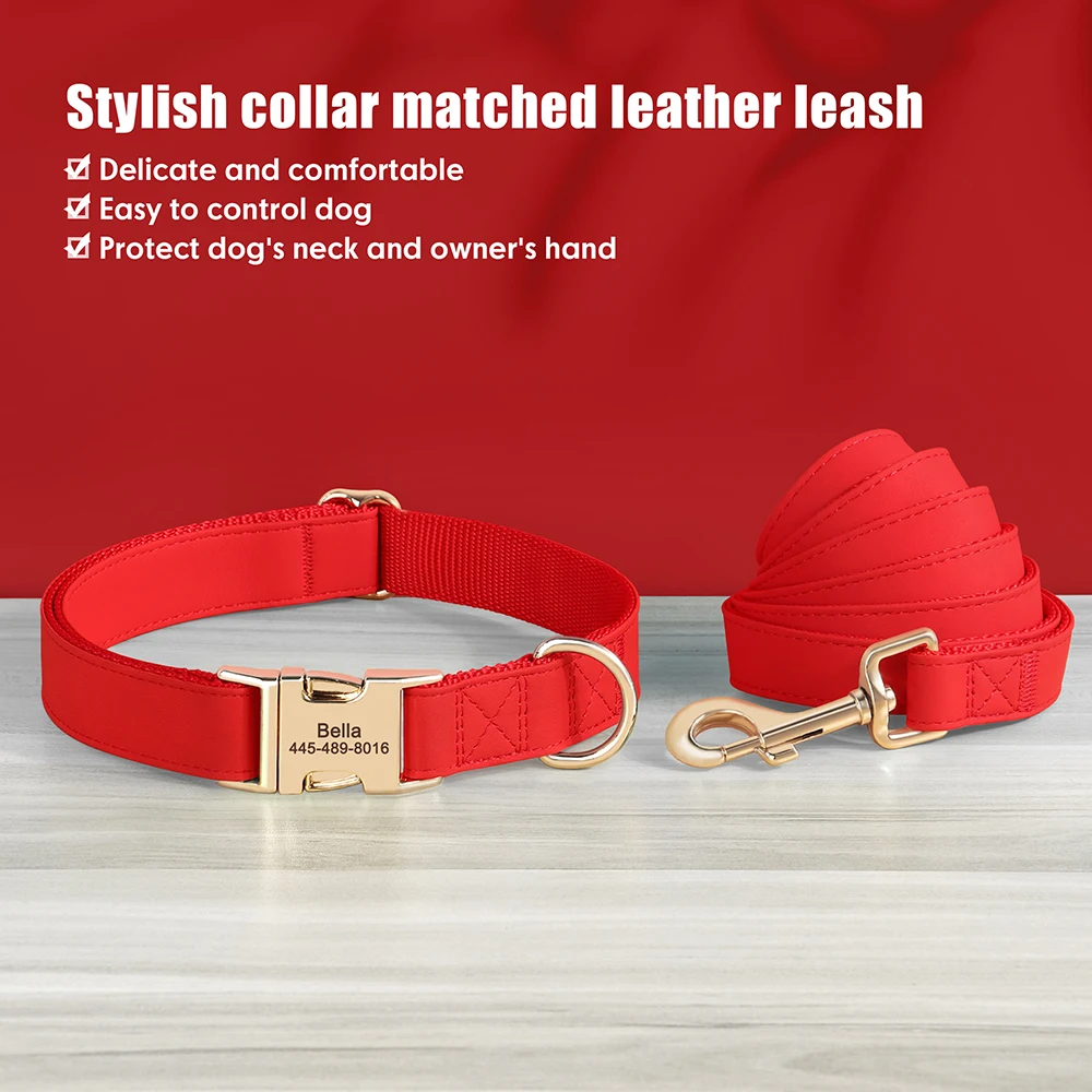 Engraved Leather Dog Collar And Leash Set For Small Medium Large Dogs_voghion.com