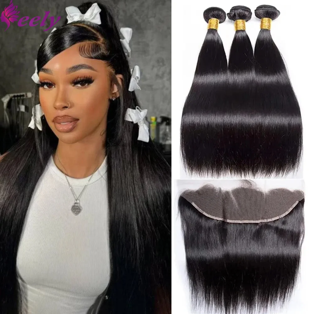 Human Hair Bundles 3 Bundles with 13x4 Transparent Lace Frontal Straight Brazilian with Closure Natural Black Color for human hair bundles