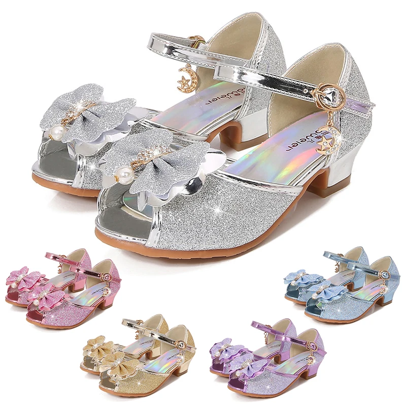 

Summer 2024 High Heels Shoes for Girls Pageant Kids Sandals Child Mary Jane Shiny Princess Elsa Cinderella Party Dress Up Shoes