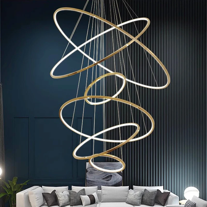 Ring lamp LED chandelier dining room bedroom duplex floor living room large chandelier staircase loft stainless steel metal rings metal rings for decoration