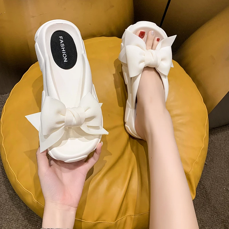 New Fashion Flip Flops Beach Bowknot Soft Bottom Wedge Slippers Women Outdoor Non Slip Thick Sole Clip Toe Slides Sandals