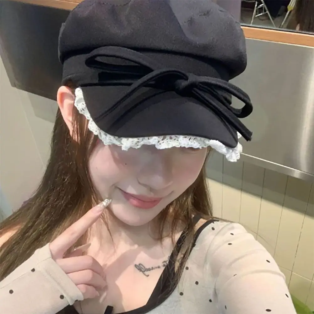 

Bow Lace Edge Beret Show Small Facial Features Sun Protection Newsboy Hat High-quality Korean Style Octagonal Hat Versatile