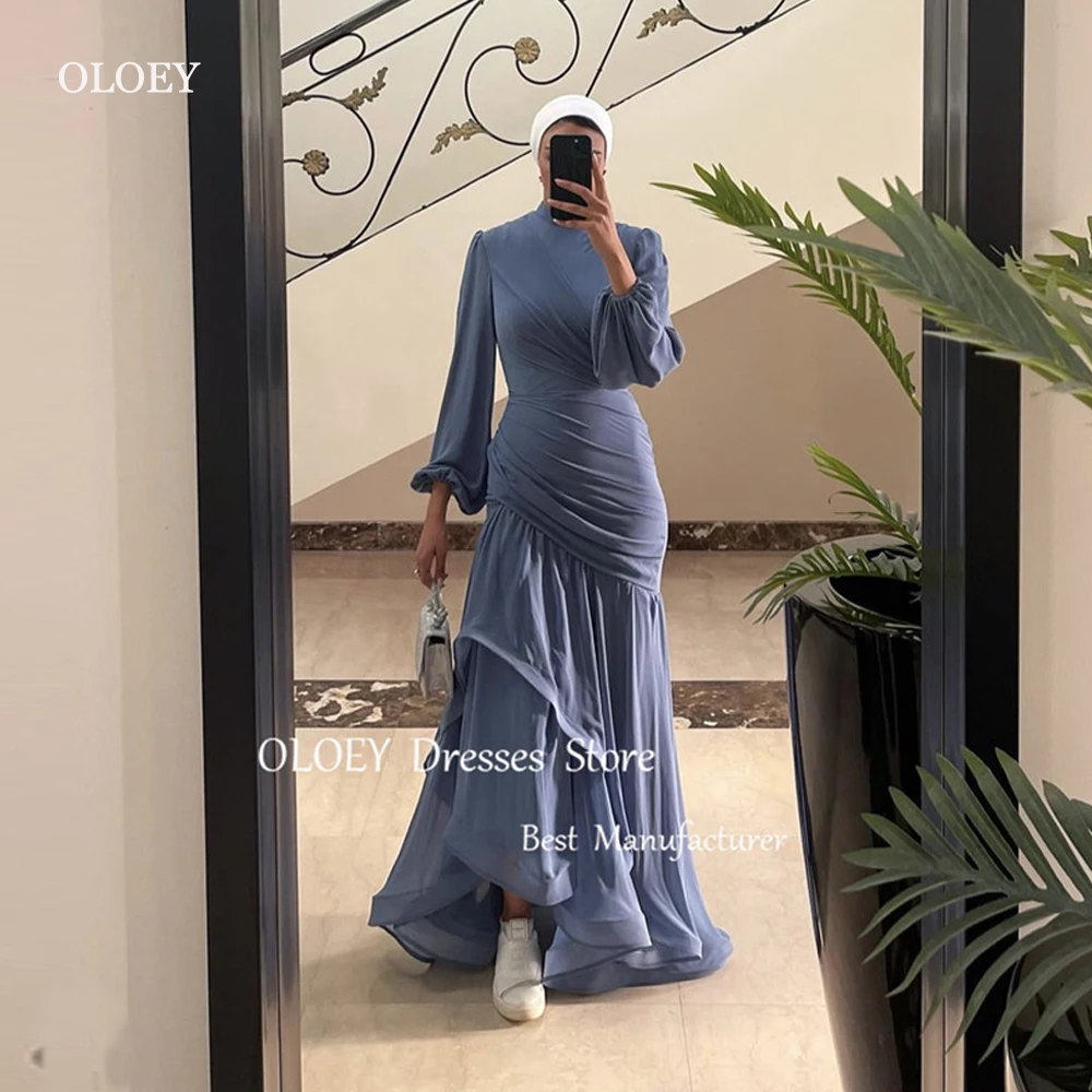 

OLOEY Modest Dusty Blue Muslim Arabic Women Evening Dresses High Neck Long Sleeves Formal Party Occasion Dress Vestido de fiesta