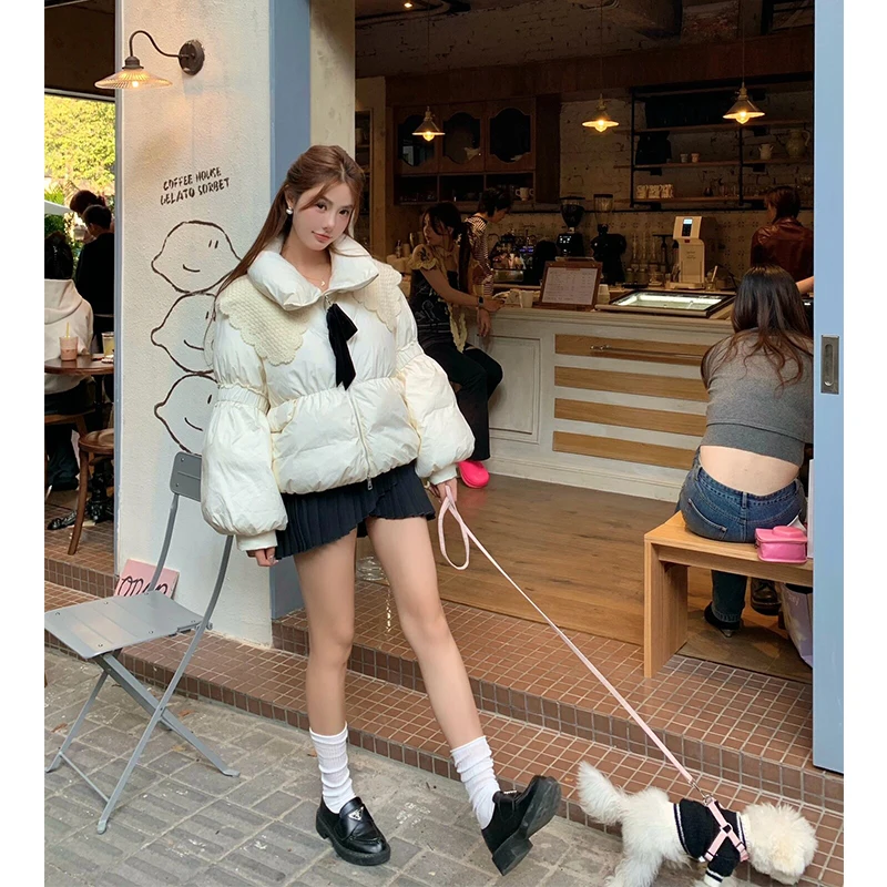 Korean Style Sweet Cute Doll Collar Long Sleeve Slim Fit Down Jackets Winter New Fashion Solid Color Ladies Thick Bow Down Coats