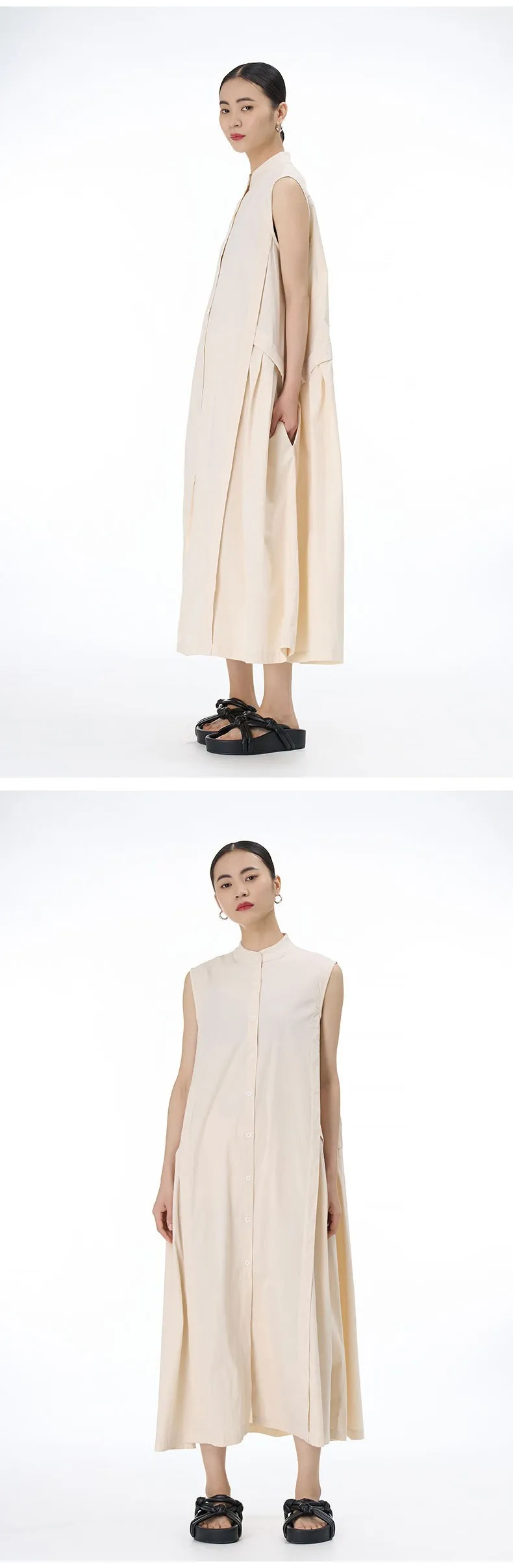 Cotton Linen Dress apricot    Women’s temperament original sleeveless loose slimming dresses for woman Spring summer womens fashion season