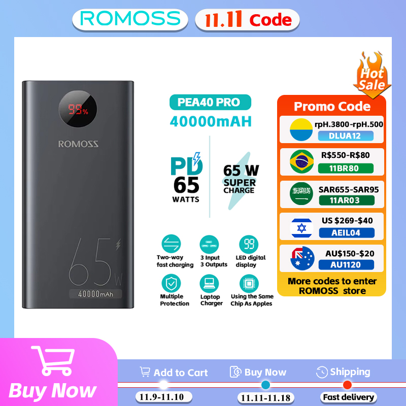 ROMOSS 40000mAh Powerful Power Bank 65W Type C Lightning Fast Charger ROMOSS 40000mAh External Battery For Smartphones Laptop