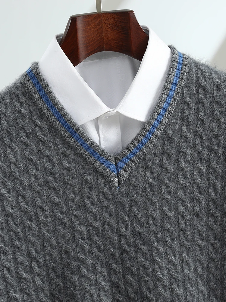 New Men's Sweater High-quality 100% Goat Cashmere V-Neck Pullovers Autumn Winter Thick Youth Jumper Men Large Size Knitwear Tops 4