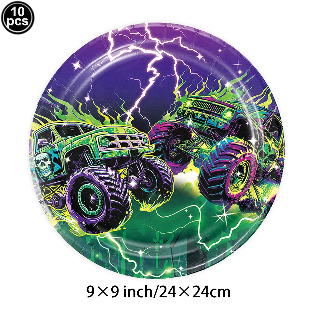 Monster Truck Racing Disposable Tableware Kid Birthday Table Decorations Paper Plate Cup Napkin Monster Truck Wheel Tire Balloon