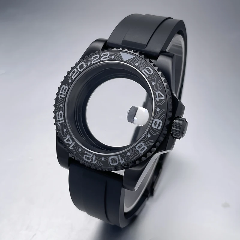 All-Black Sub Style Watch Case with Rubber Strap and Sapphire Crystal
