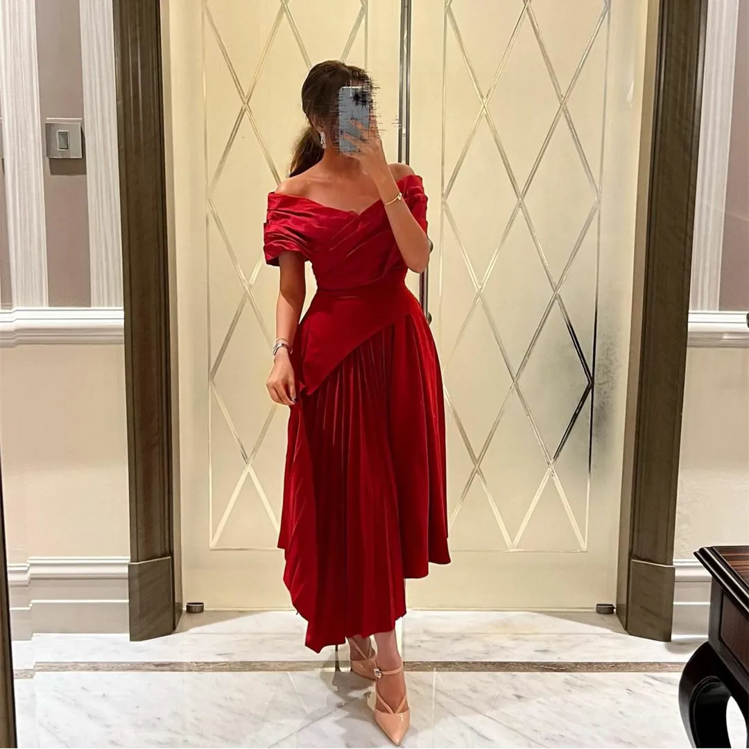 

Elegant Short Chiffon Pleated Muslim Evening Dresses Off Shoulder A-Line Prom Dresses Party Gowns Robes de soirée for Women