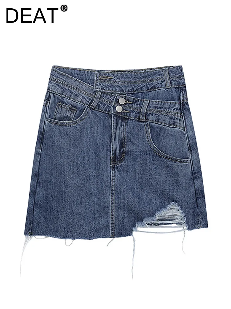 

DEAT Women's Denim Skirt High Waist Irregular Diagonal Buckle Patchwork Wrap Hip Long Skirts 2024 Spring New Fashion 29L6777