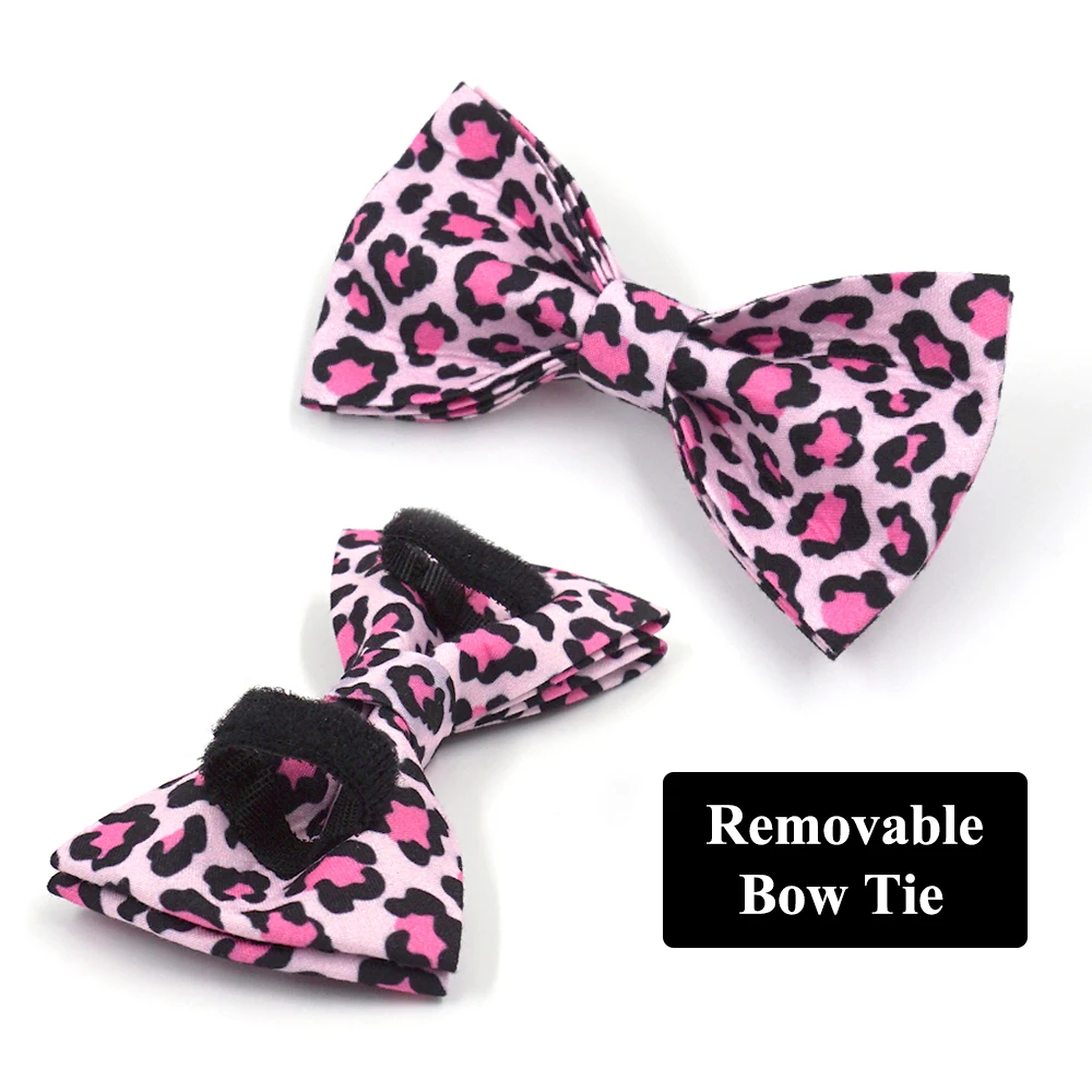 Pink Leopard Dog Harness For Girl Dogs Personalized Name Engraved Pet Collar with Safety Metal Buckles Bowtie Puppy Harness Set dog collar pet harness leash set pet harness set pet leash set