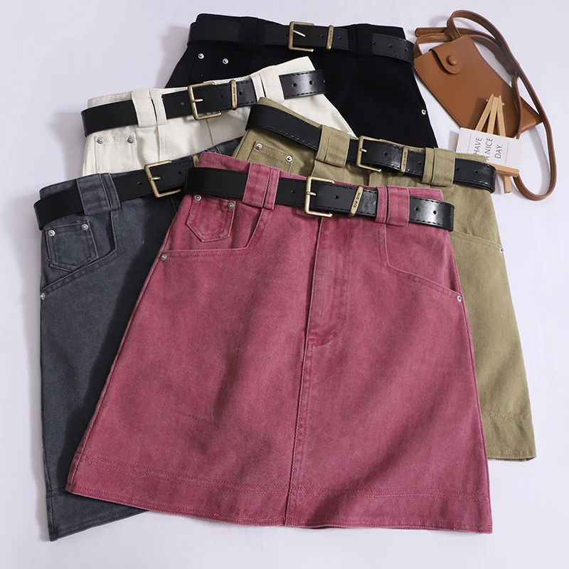 

ITOOLIN Весенняя женская Повседневная облегающая трапециевидная джинсовая короткая юбка винтажная юбка с высокой талией и поясом для женщин офисная мини-юбка 2024