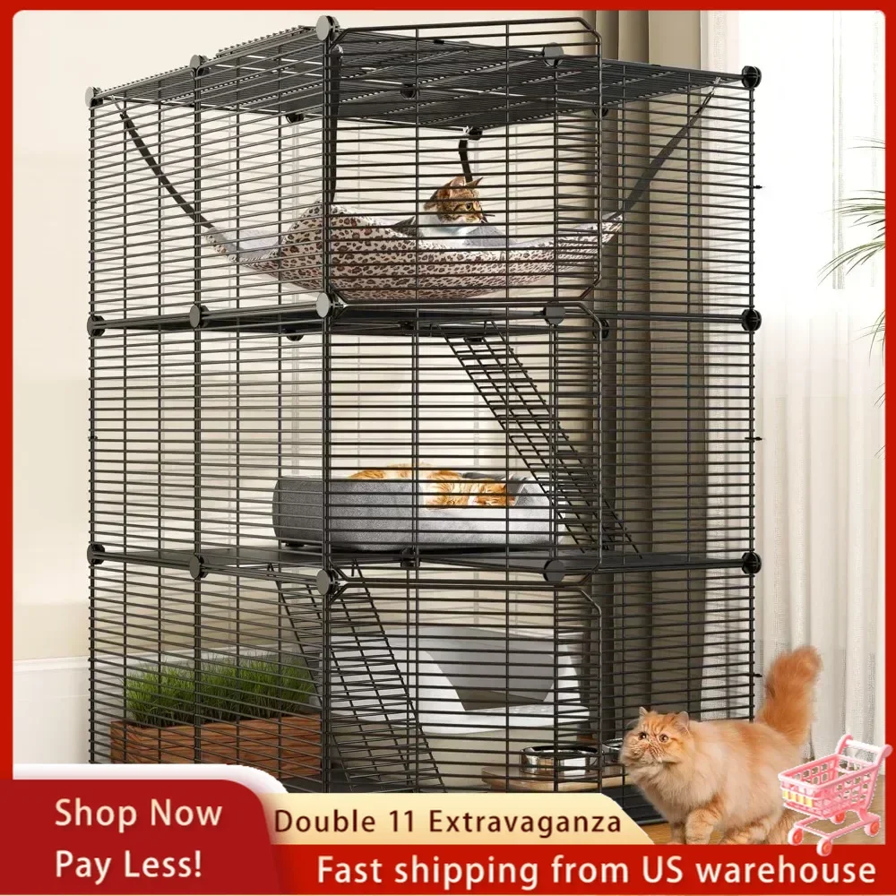 Cat Cage Indoor Cat Enclosures DIY Playpen Metal Kennel with Extra Large Hammock for 1-2 Cats, Ferret, Chinchilla