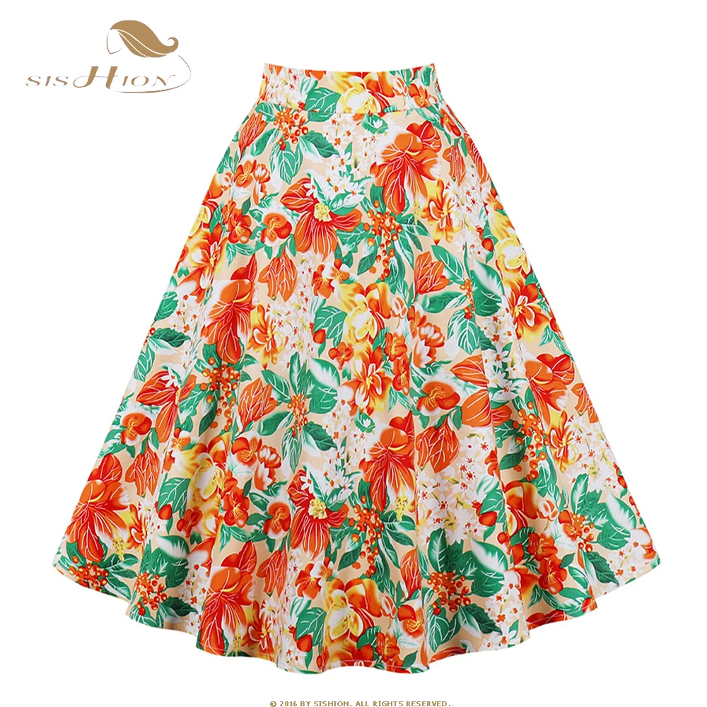 

SISHION 2023 Cotton Vintage 50s 60s Swing Floral Skirt VD4005 A Line High Waist Orange Flower Print Summer Women Skirts