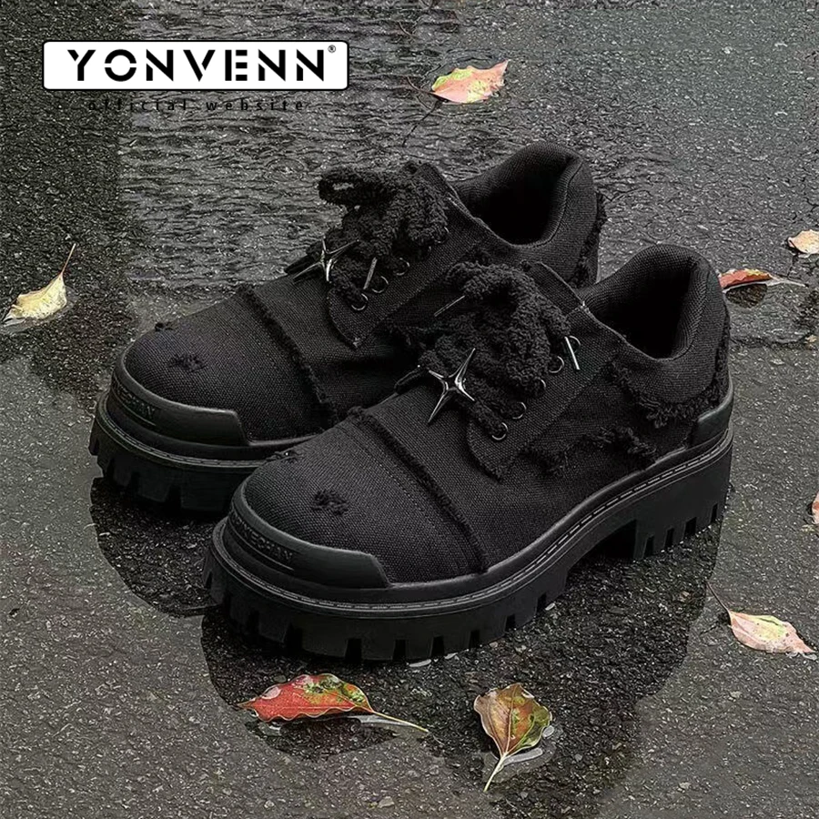 Original Four Star Design Formal Shoes for Men Denim Destructive Style Big Head Thick Bottom Outdoor Work Clothes Casual Shoes