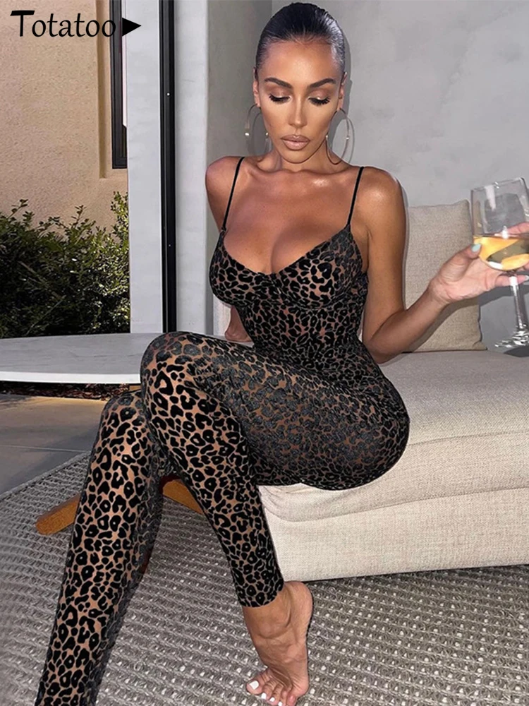 

Женский леопардовый комбинезон Totatoop, прозрачный сетчатый Облегающий комбинезон на бретельках с V-образным вырезом, летний клубный полукомбинезон, 2024