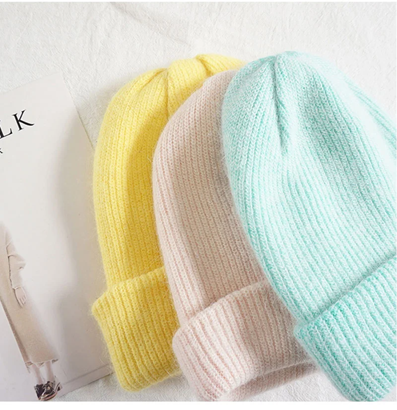 Winter Hüte Für Frauen Beanie Hut Kaninchen Fell Frau Kappe Winter Mützen Für Damen Gestrickte Hut Kaschmir Herbst Solide Motorhaube – Detail 16