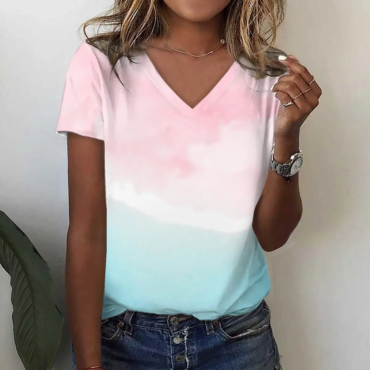 Women's T-shirt 3d Simple Solid Color Printing V-neck Tops Summer Retro Harajuku Ladies T-shirt Fashion Loose Ladies Clothing
