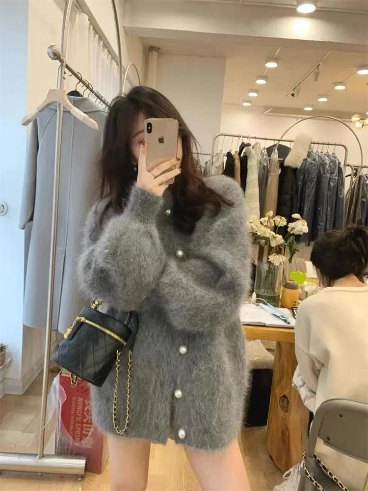 여성용 푹신한 밍크 캐시미어 솔리드 스웨터 가디건, 진주 버튼, 느슨한 O넥 미디 패션, 레이지 시크 코트, 2023 가을 신상