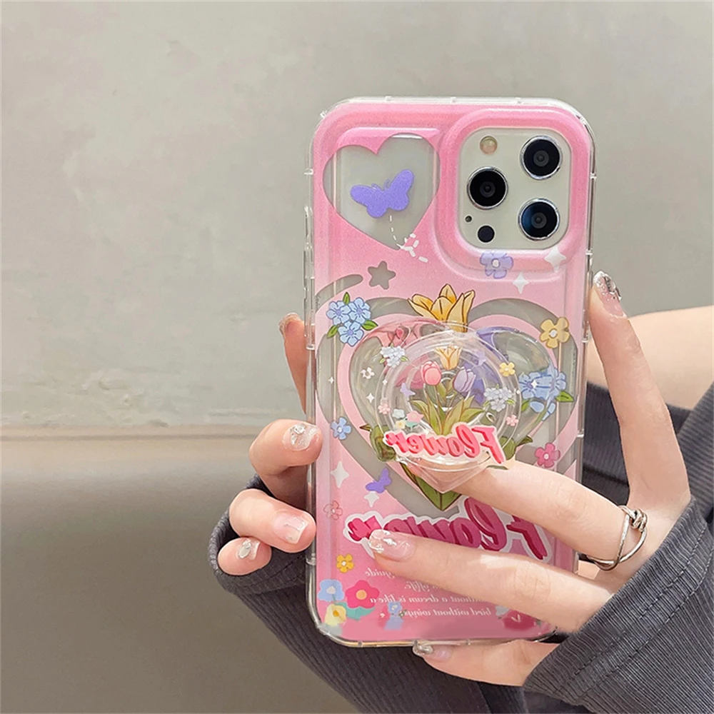 Korean Cute Butterfly Flower Bracket Phone Case For iPhone 14 13 12 Pro