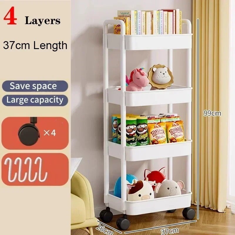White 4 layer Bookshelf Storage Trolley Mobile Kitchen Trolley Organizer With Wheels Gap Mobile Bookshelf Trolley Household