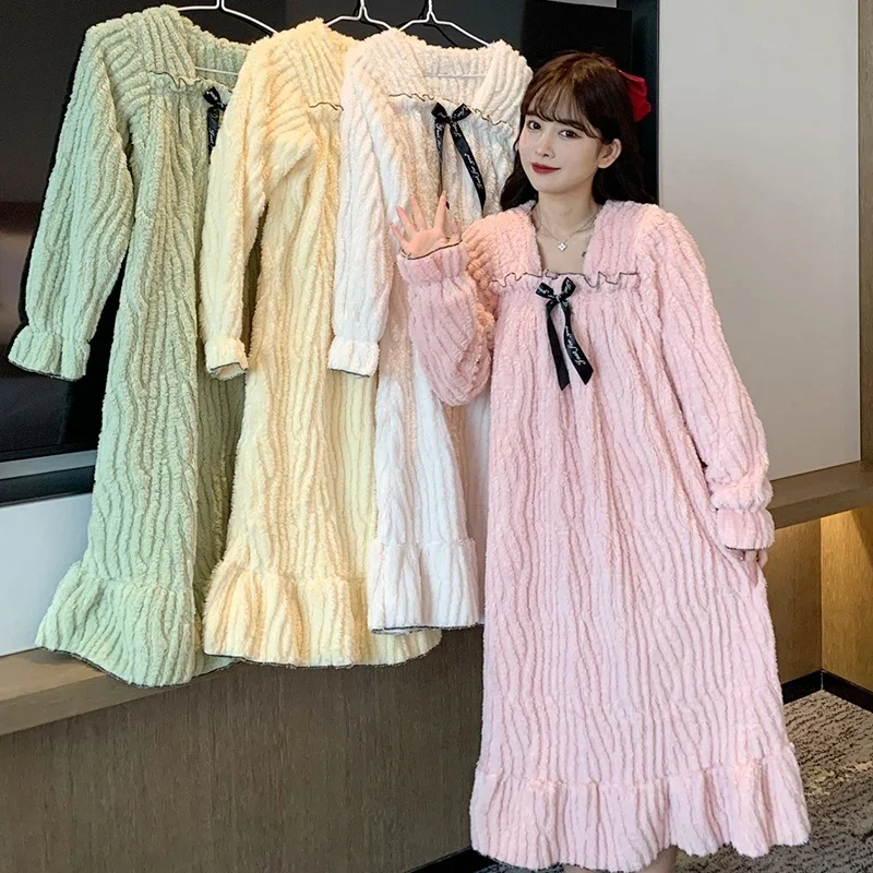 

2023 Winter Plus Size Long Sleeve Thick Warm Flannel Nightgowns for Women Korean Loose Sleepwear Night Dress Nightdress Nighty