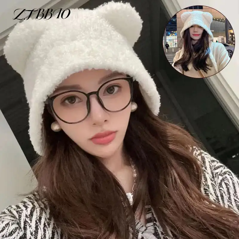 

Korea Women Warm Cute Bear Ear Wool Hat Winter Beanies Warm Lace-up Ear Protection Knitted Bomber Cap Bonnets Knitting