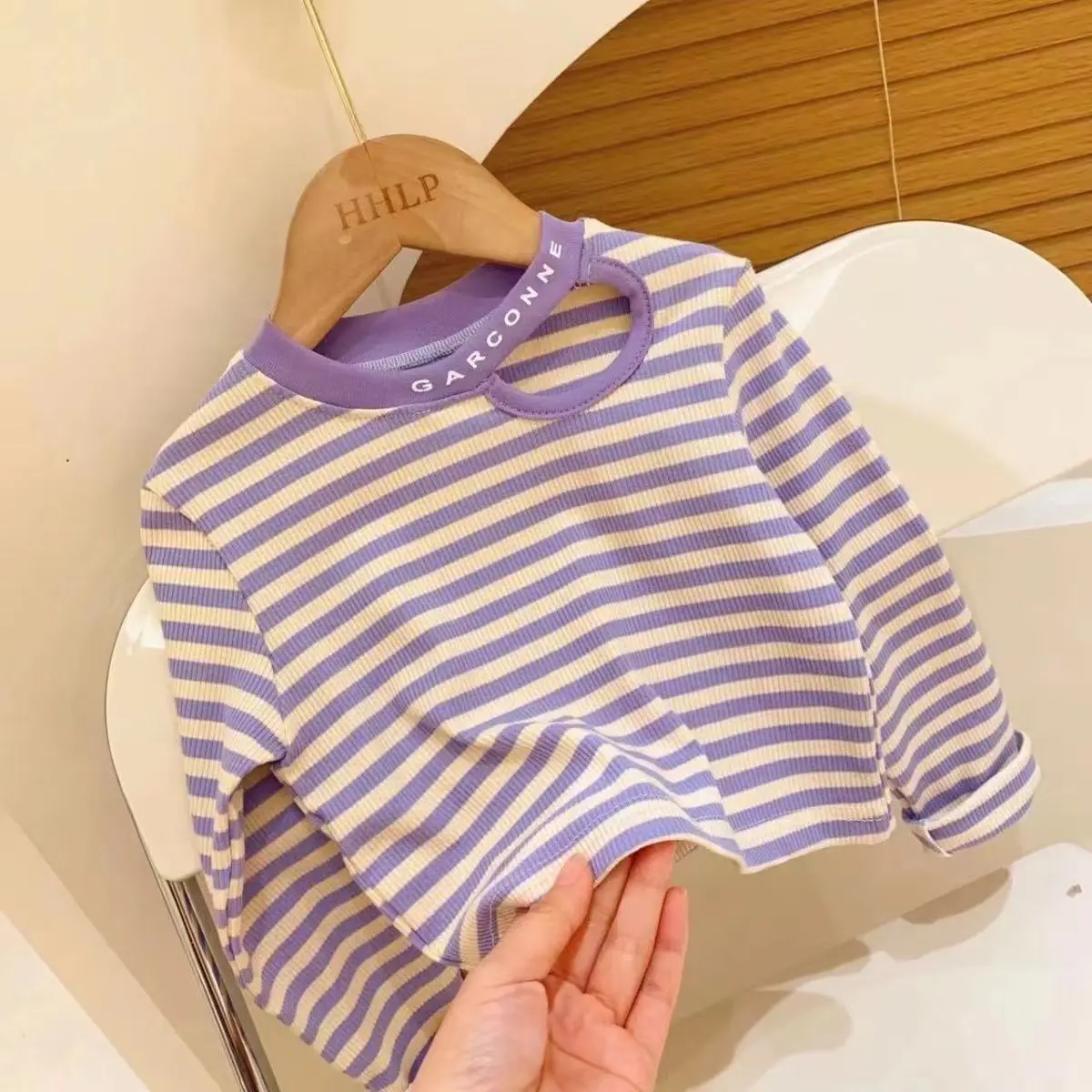 Baby Girls T-shirt 2023 Spring and Autumn New Letter Hollow Round Neck Stripe Long Sleeve Bottom Shirt Children's Outwear Top - Image 4