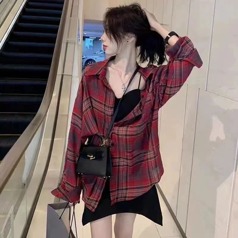 รูปสินค้า เสื้อแขนยาวลายเช็ค ฤดูใบไม้ผลิ-ใบไม้ร่วง สีแดง-ดำ