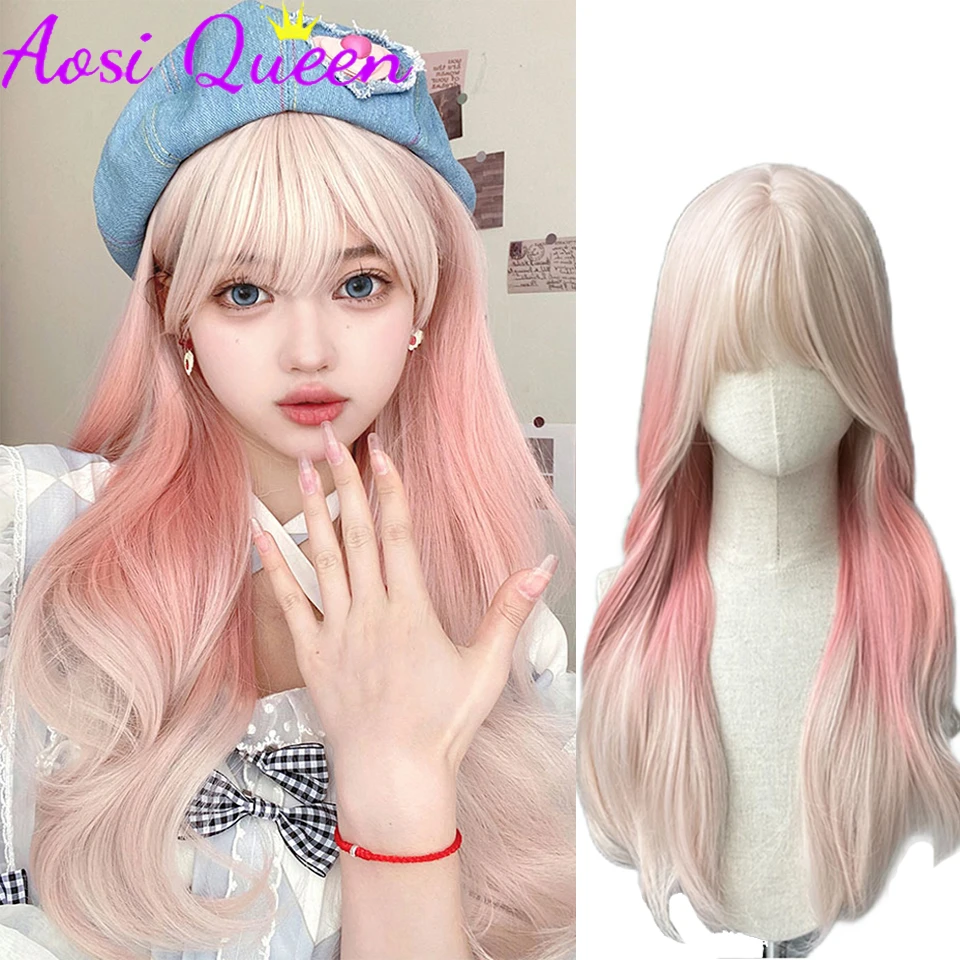 

AOSI Lolita Wig Synthetic Pink Wig Women's Long Hair Natural Fluffy Gradient Highlighted Long Curly Hair Daily Party Cos Wig
