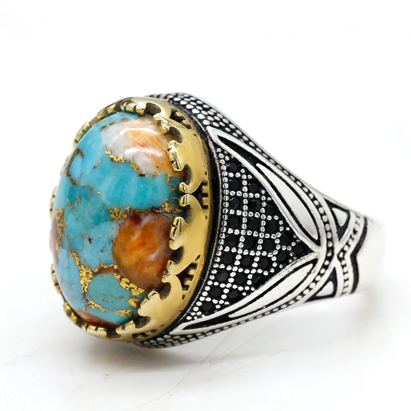 خاتم جديد للرجال من الفضة الإسترليني عيار 925 مع خاتم عتيق من الفيروز المحار الطبيعي خاتم مجوهرات من الفضة التايلندية للسيدات للحلقة